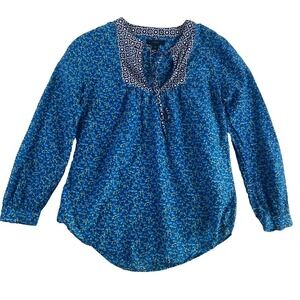 2/$30 J.Crew Blouse Top Women Sz 00 Blue Floral Cotton Silk Blend Lightweight